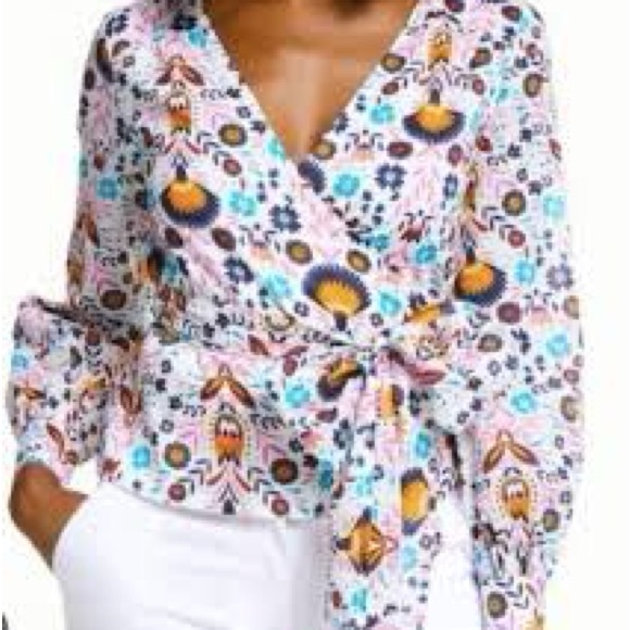 Boden White Wrap Blouse with Teal, Mustard & Pink Floral Print - Picture 2 of 5
